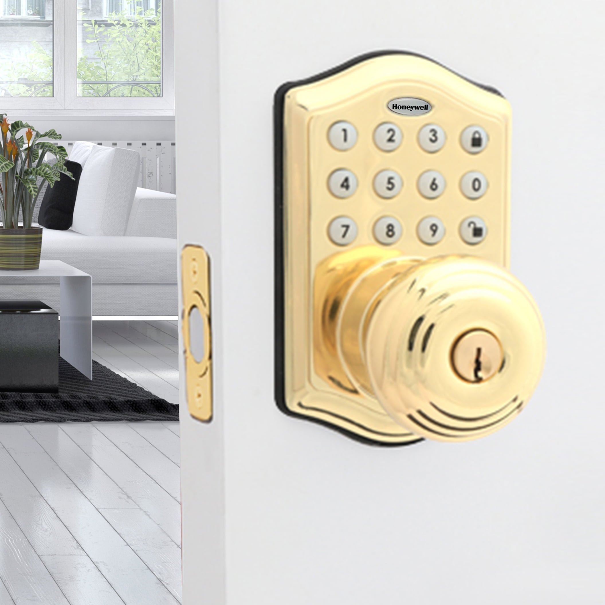 Honeywell Electronic Entry Knob Door Lock, Polished Brass