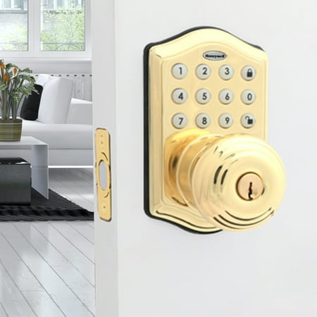 Honeywell Door Locks, Electronic Entry Knob Door Lock, Polished Brass, 8732001