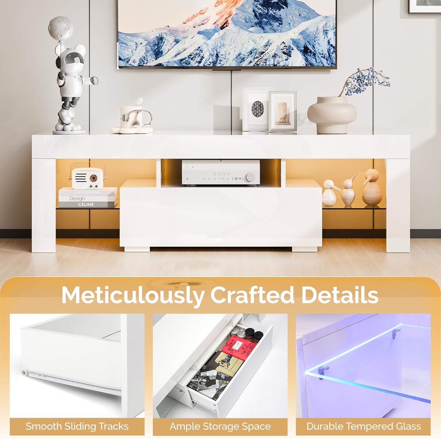 YWEN 51'' LED TV Stand, High Glossy Modern Entertainment Center with LED Lights and Storage for 40/43/50/55 Inch TV (White, 51'' x 14'' x 18'')