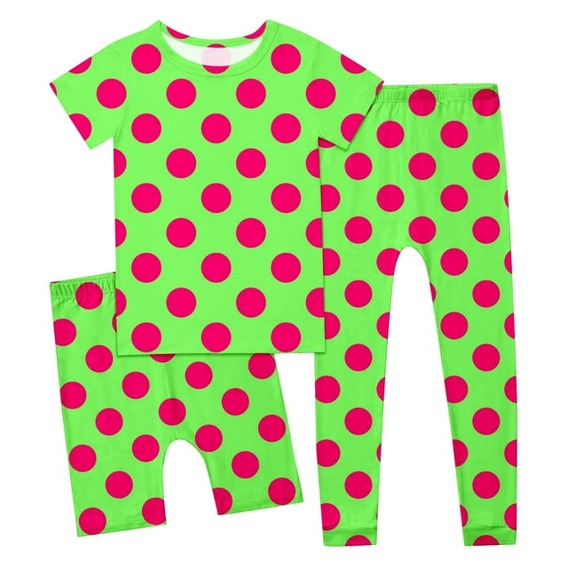 Icvfdpl Ensemble de Pyjama pour Filles, Imprimé à Pois, Col Rond, Manches Courtes, Shorts, 3 Pcs, Printemps, Loisirs, 9-10 Ans