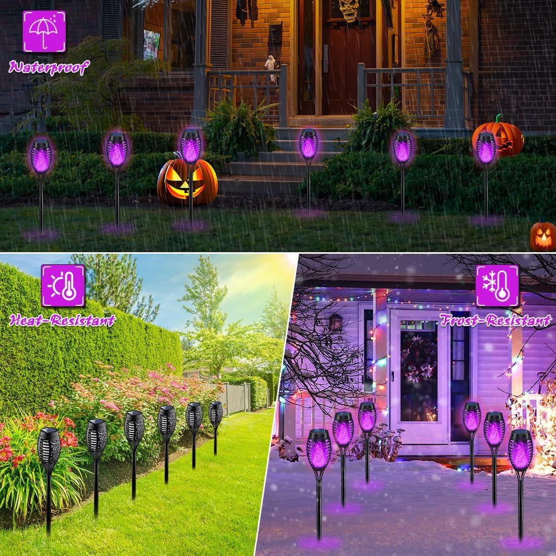 Halloween Decorations Outdoor, Purple Halloween Solar Lights with Flickering Flame, Solar Torch Lights for Yard Decorations, Waterproof Outdoor Lighting for Garden Pathway Patio Outside Decor