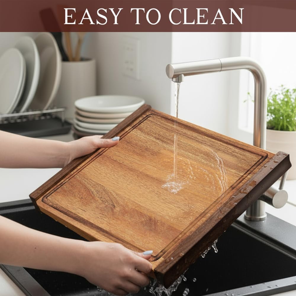 XILAZAB Acacia Wood Cutting & Charcuterie Board​ with Sapele Handles, Dual-Sided, Deep Recessed Well and Juice Grooves, 16.9 x 11.8 x 1.8 Inches, Kitchen Gift