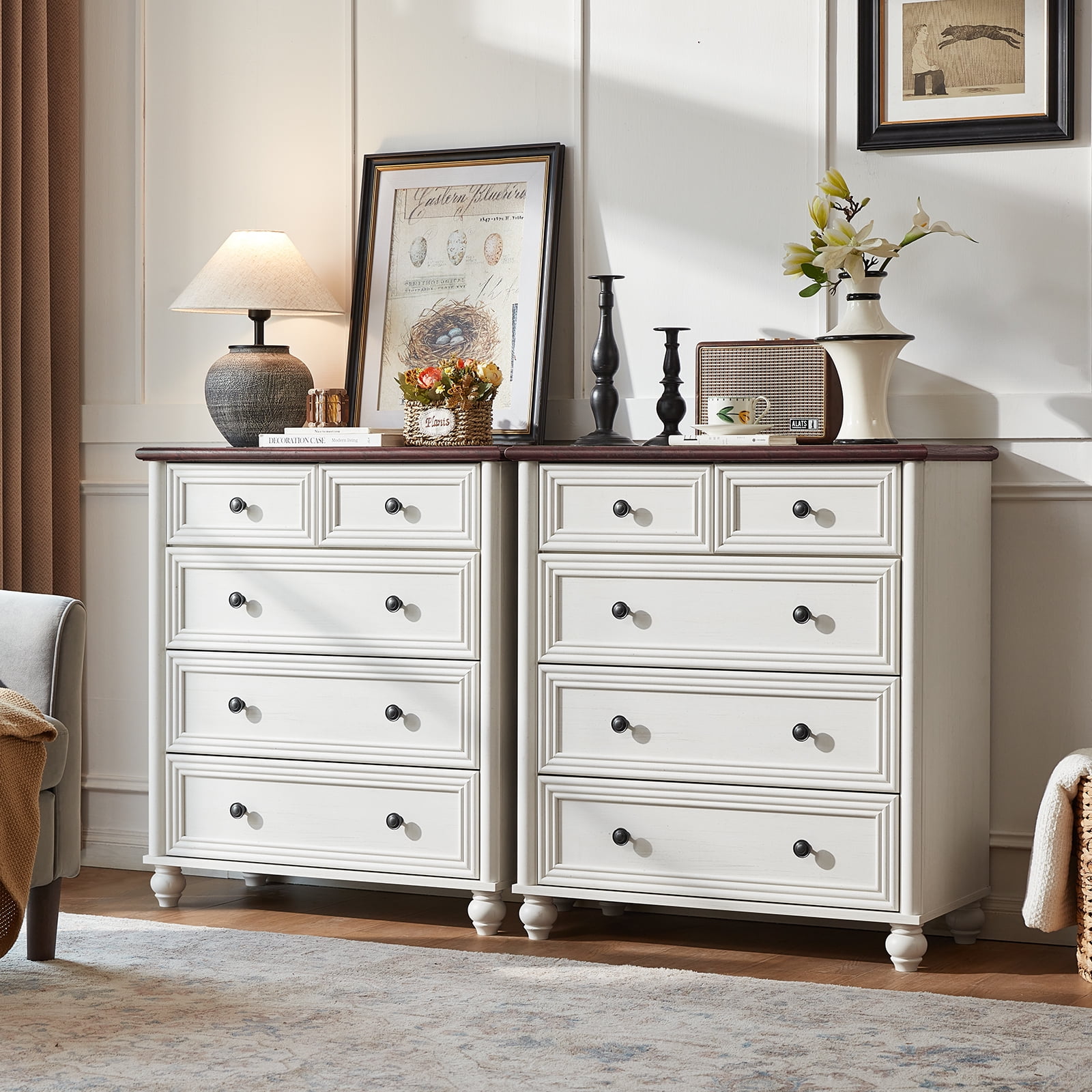 LELELINKY 5-Drawer Wood Dresser for Bedroom, Large Storage Cabinet, Classified Storage Organizer Chest for Living Room, Hallway, Brown & White