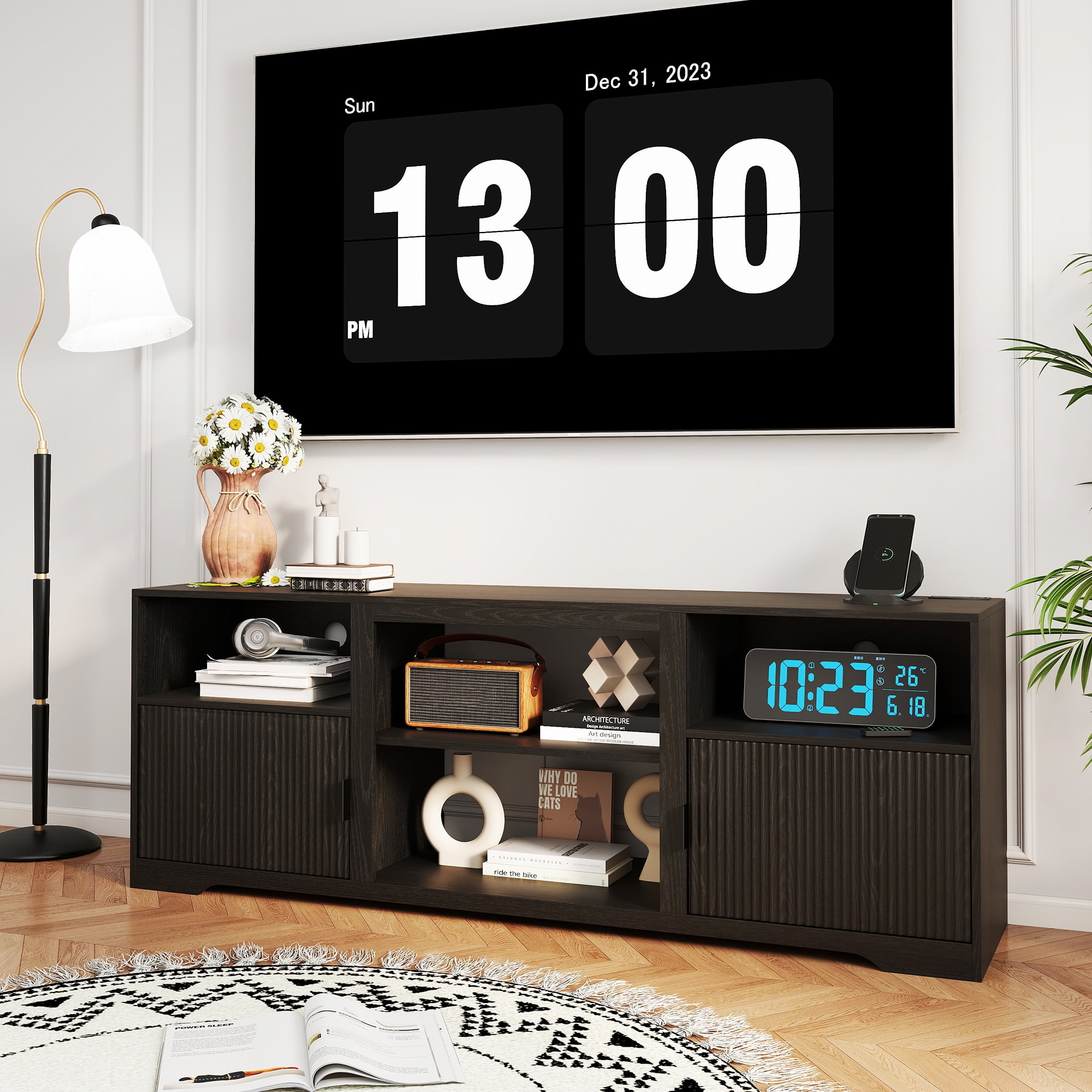LUCKYELF Modern TV Stand for TVs up to 80", Entertainment Center with Storage, Media TV Console Table for Living Room, Bedroom, Black Color