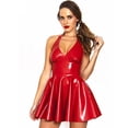 thumbnail image 2 of Vestido Sexy de cuero de Pvc rojo brillante con cuello Halter, minivestido plisado de látex de piel sintética con cremallera, ceñido al cuerpo, disfraz para discoteca, 2 of 5