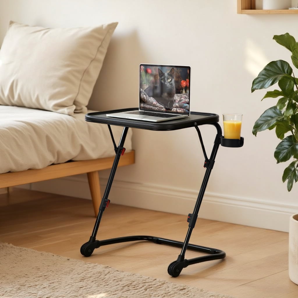Homy Casa Folding TV Tray Table with Cup Holder, Adjustable Snack Table for Bed, Sofa, Couch, Black