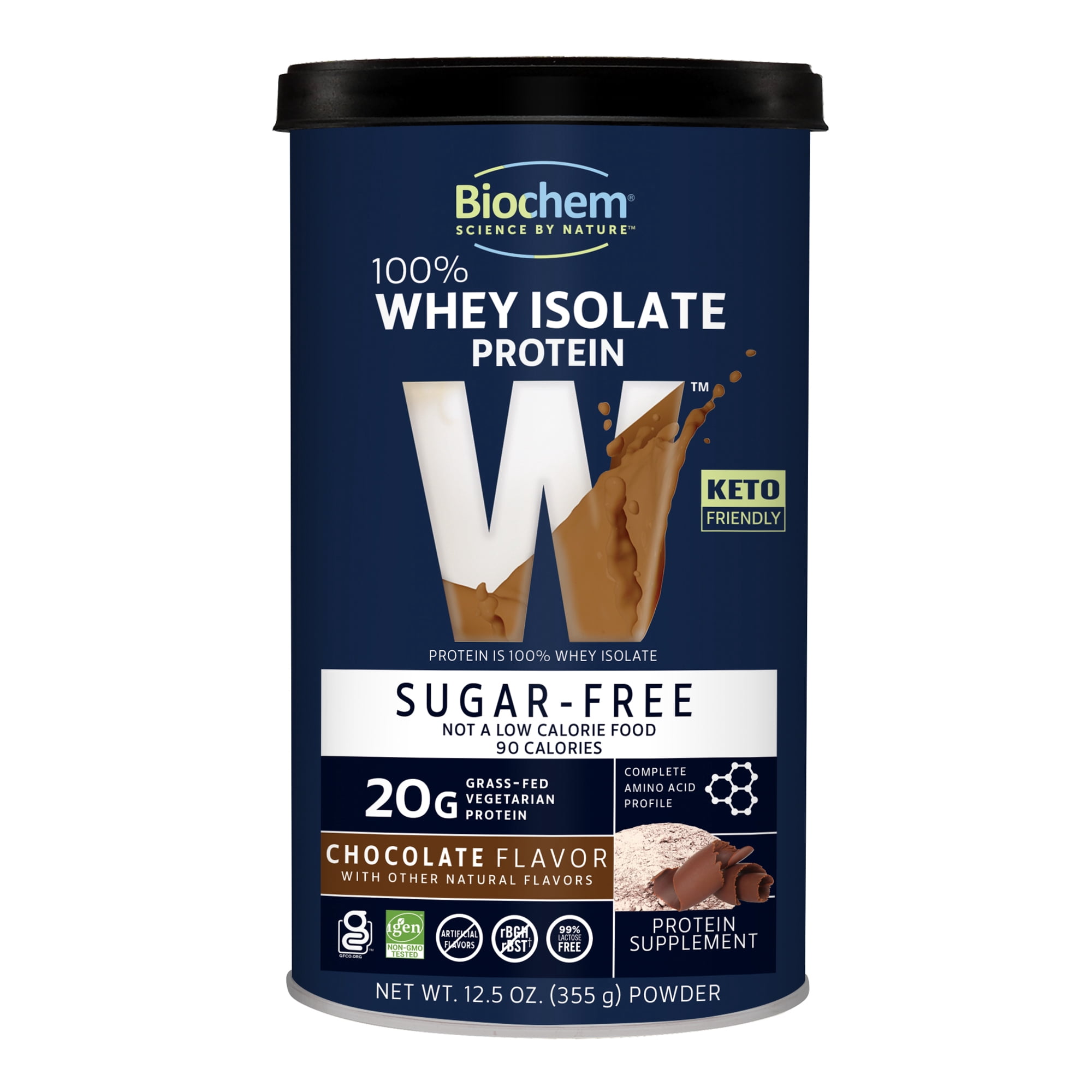 Biochem 100% Whey Sugar-Free Chocolate 20g, 12.5oz, Certified Vegetarian, Gluten Free, Non-GMO Tested, Keto Friendly, Grass-Fed