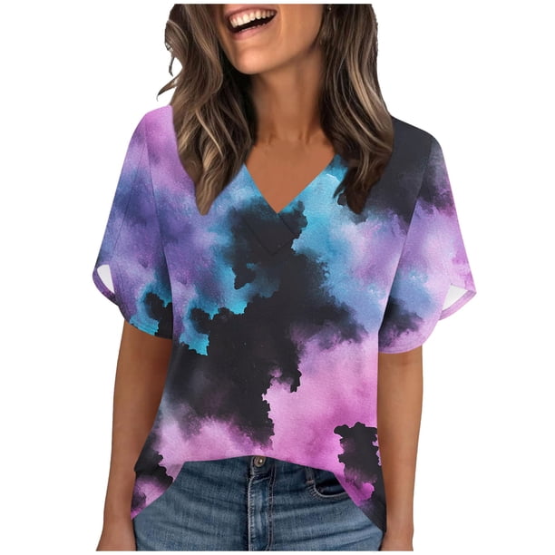 TaTaai Women's Casual V-Neck T-Shirt Short Sleeve Ruffle Printed Loose Fit Summer Chic Top Daily Office Weekend Beach Party Gift