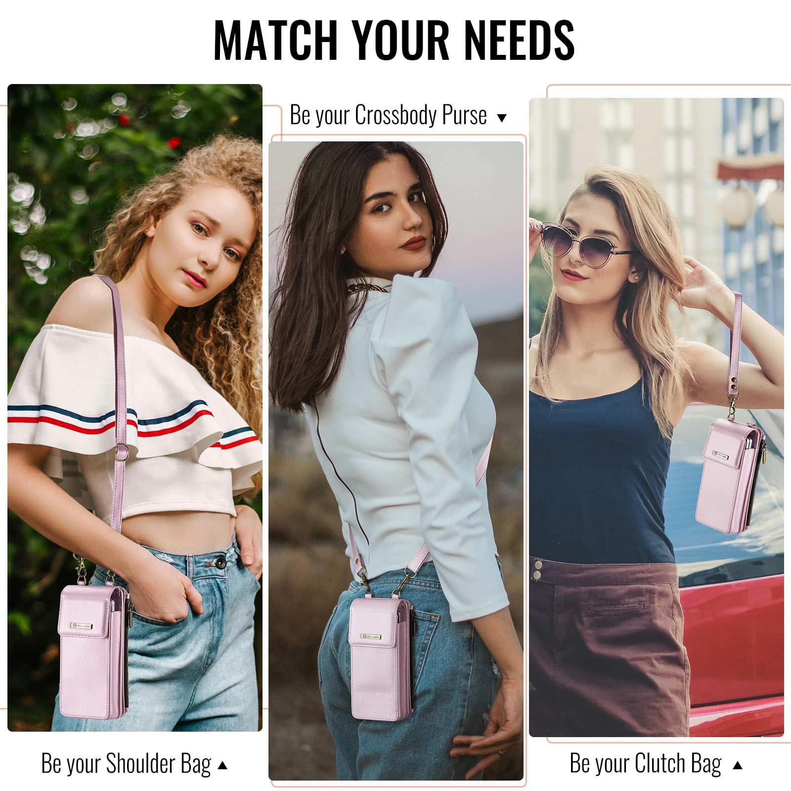 Crossbody Phone Bag Purse Wallet Case for iPhone/Galaxy/Pixel Series Cell Phones (Less Than or Equal to 7.6"), with Shoulder/Wrist Strap Lanyard, RFID Blocking Credit Card Slots, PU Leather Bag, Pink