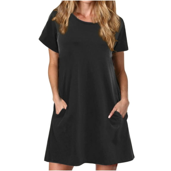 DailyTrove Women's Pocketed Solid Color T-Shirt Dress, Short Sleeve, Casual Lounge & Errands Wear, Lightweight Cotton Blend