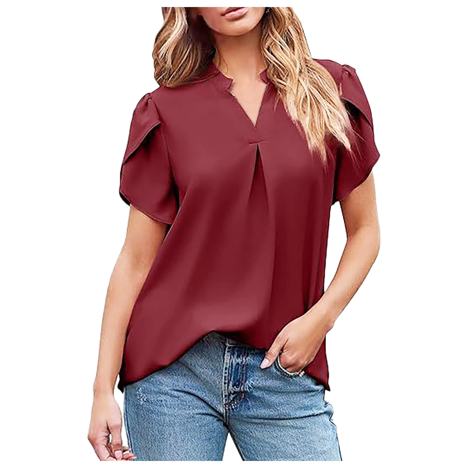 Women's Elegant Lace V-Neck Top With Puff Sleeves - Lightweight Summer Blouse For Business Casual & Outings