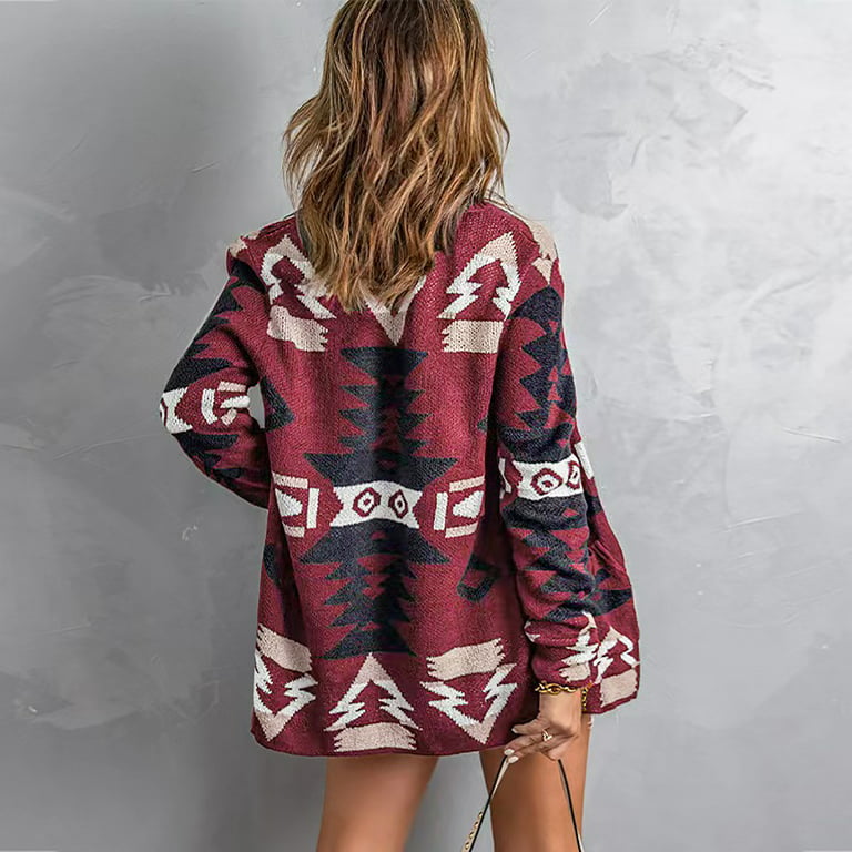Sweater Pattern Cardigan Coat Western Outwear Tribal Pockets(Red,M) Knitted Aztec Geometric Sweaters Front Slouchy Sleeve Loose Long RYRJJ Women Open with