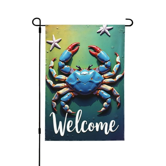 Welcome Summer Ocean Crab Garden Flag 12x18 Inch Double Sided Outdoor Yard Decoration Coastal Beach House Decor Nautical Theme Sea Life Patio Banner