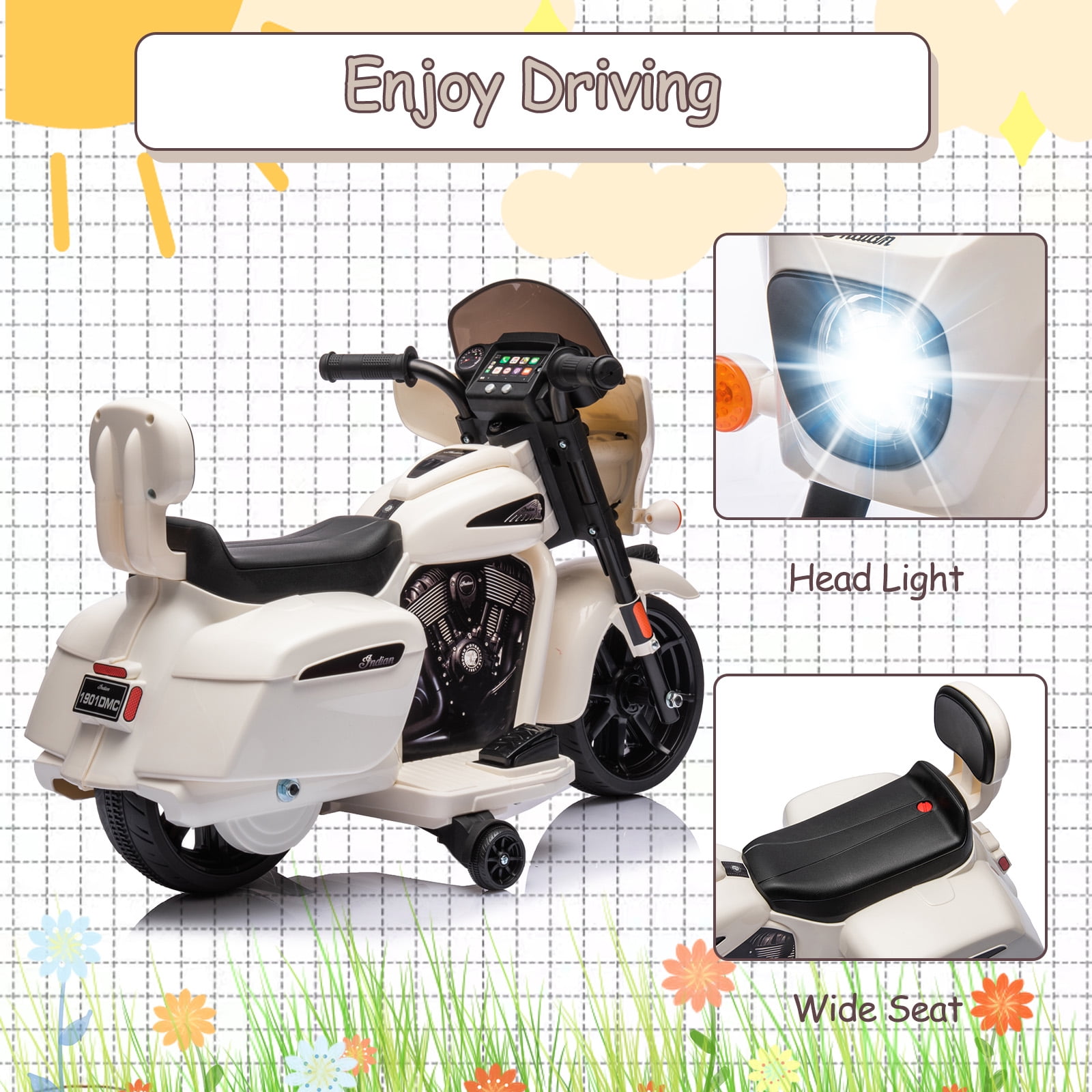 Eastvita 6V Kids Ride-On Dirt Bike Motorcycle, Music, Headlight, For Toddlers 1-4, Off-White