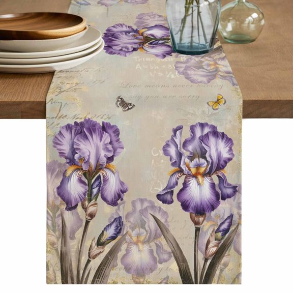 Table Runner 120 Inches Long for Kitchen Dining, Purple Iris Dresser Scarf Farmhouse, Dining Table Decorations for Wedding/Parties, Spring Vintage Flowers Butterfly Leaves Khaki 13 x 120 In