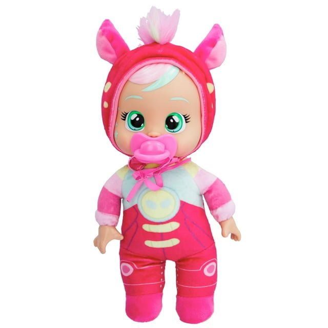 doll cry babies tiny cuddles talents hannah astronaut 25 cm muñeca Hannah de 25 cm en vista frontal; traje espacial rosa de peluche con capucha que muestra orejas de pegaso y melena colorida, babero con motivo circular y chupete a juego, cuerpo suave de tela y manos de vinil visibles, ideal para abrazar. Fondo blanco.