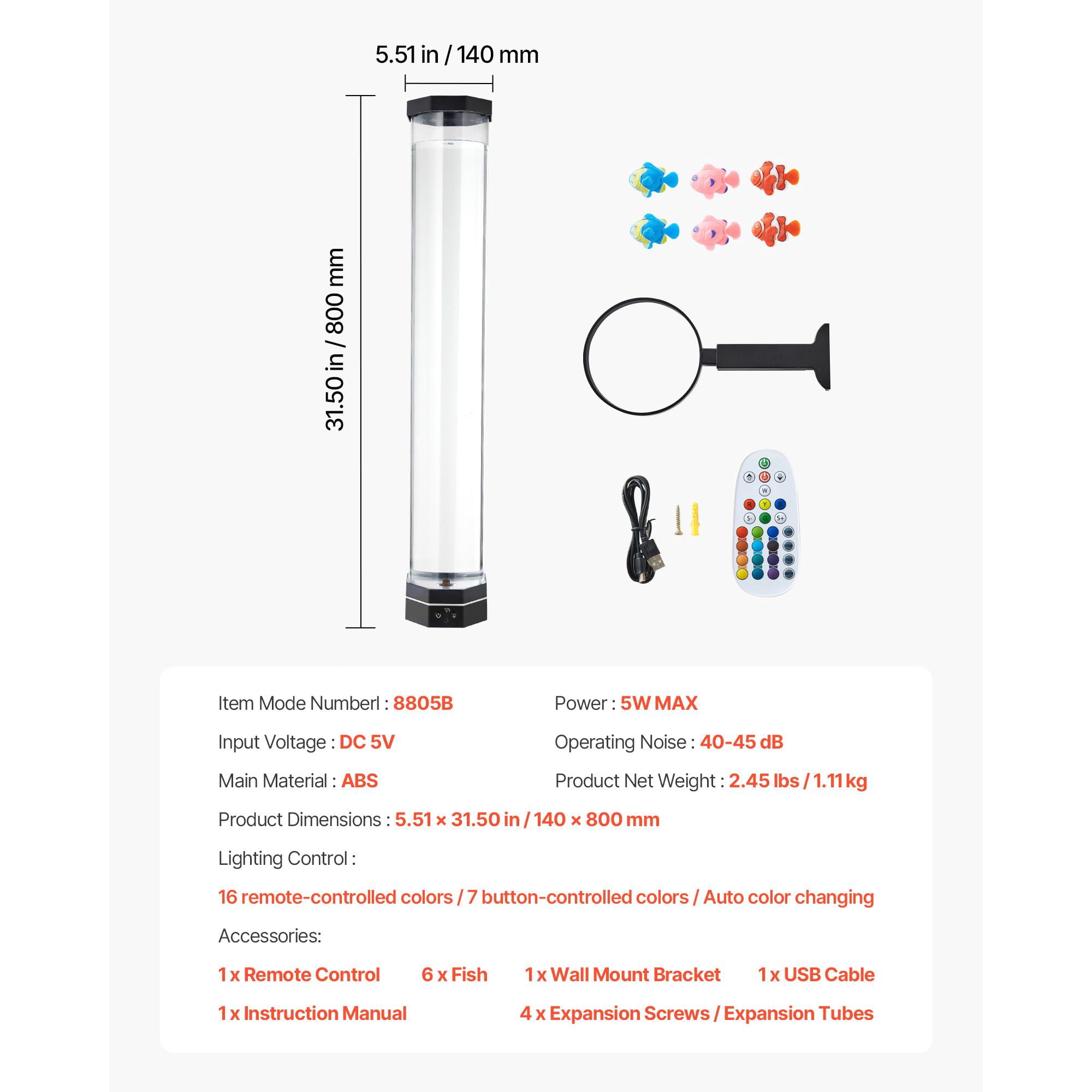 Bubble Lamp Floor-Standing 32 Inch 16 Color Remote Control Anti-Tip 40-45dB for Autism ADHD Anxiety Relief