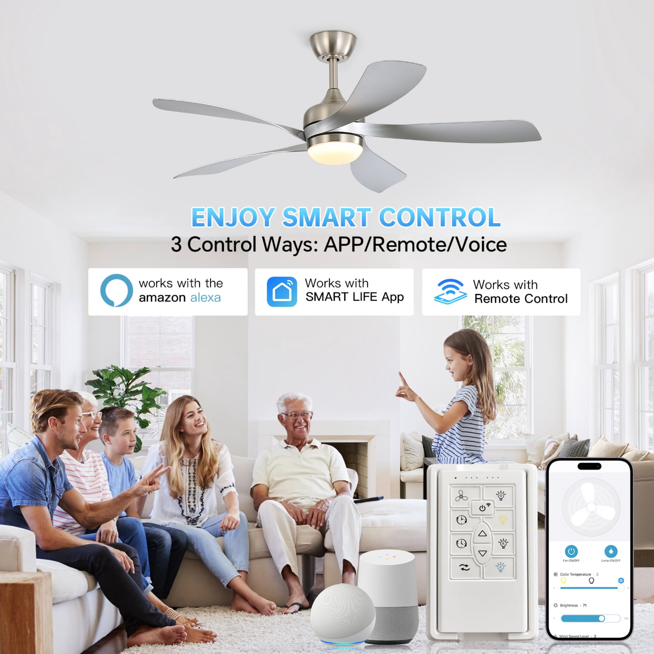 Sofucor 52" Smart Ceiling Fan, Indoor/Outdoor Ceiling Fans with Lights and Remote, Works with Alexa/Google/App, 3-Color Light 6-Speed Timing