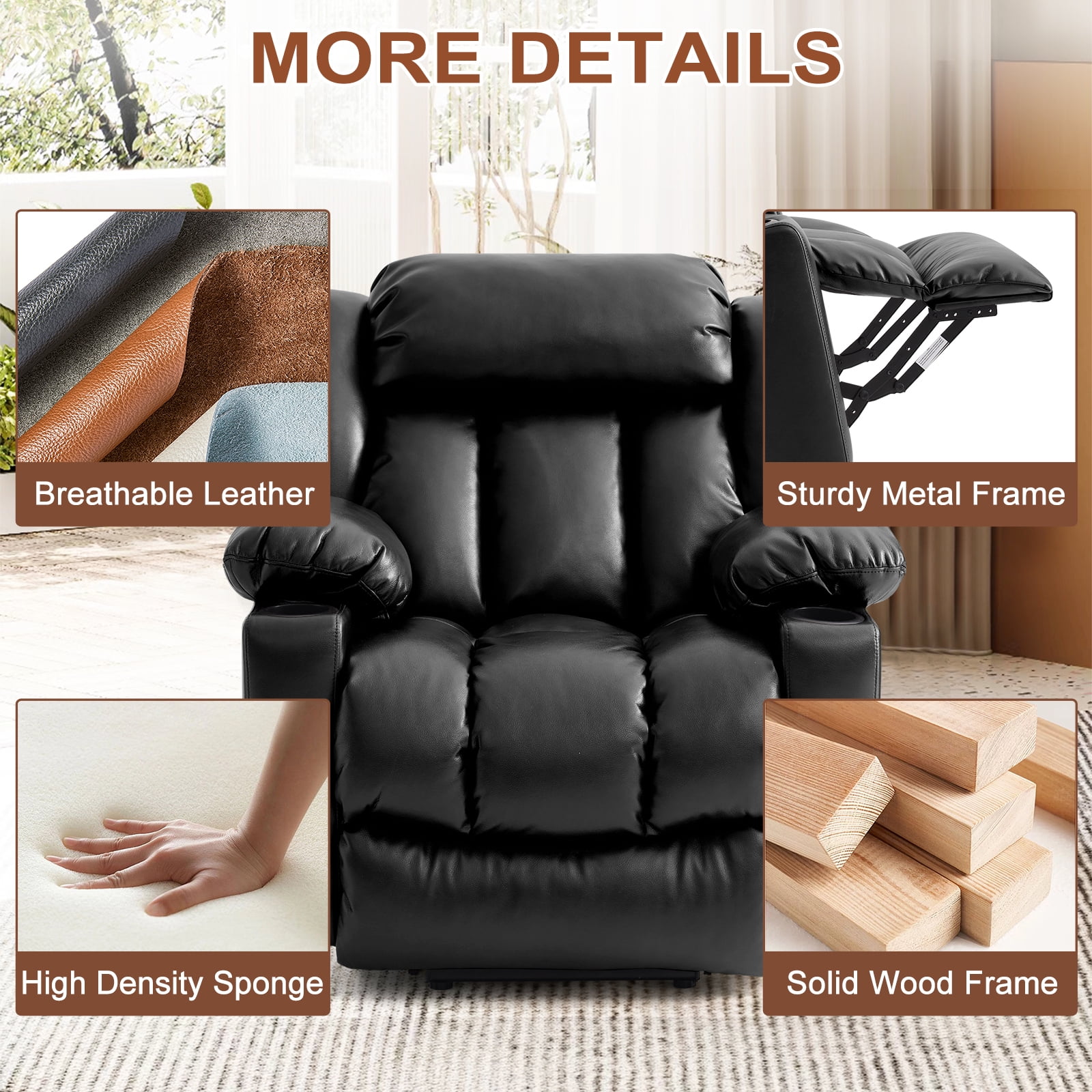 INGALIK Large Power Lift Recliner Chair with Heating and Massage, Breathable Leather Electric Lift Assist Recliner for Living Room with USB Charge, Cup Holders (Black)