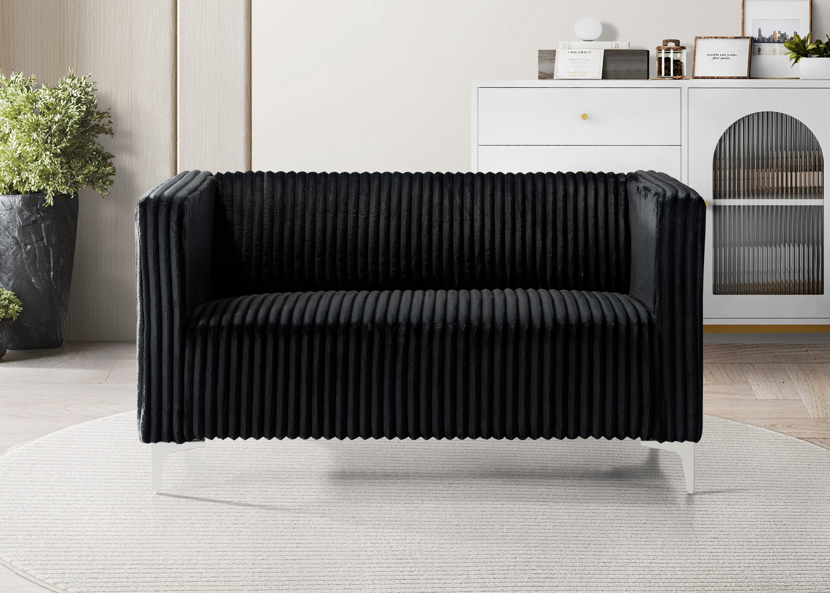 Home Design Gavin Velvet Square Arm Loveseat with Plush Cushions and Modern Upholstery, Durable Frame for Living Room, Contemporary Black Design