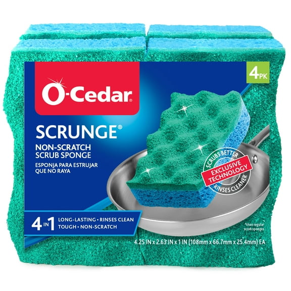 O-Cedar Scrunge Multi-Use Scrub Sponge, All-Purpose Non-Scratch Sponge, For Kitchen and Bathroom, 4 Ct