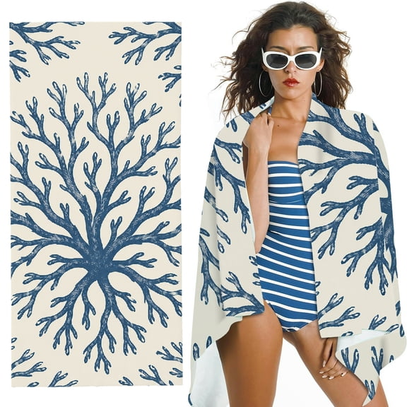 RKSupls Oversized Microfiber Beach Towel - Coral Pattern Blue Background Print, for Bathroom, beach, Soft Super Absorbent- 30x60 in