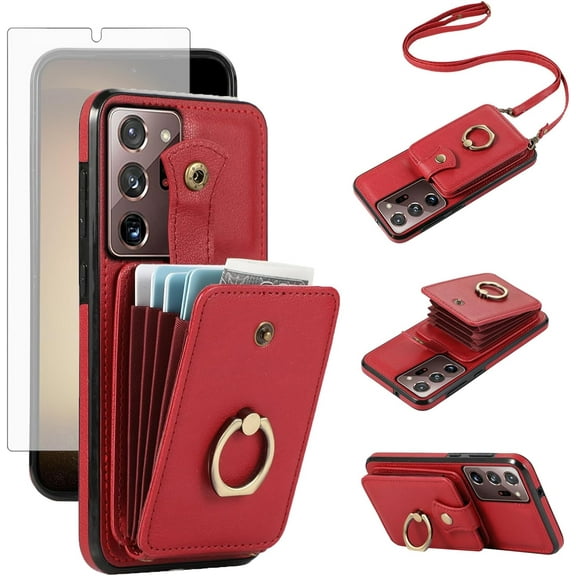 MYKOMI Phone Case for Samsung Galaxy Note 20 5G Wallet Cell Cover with HD Screen Protector and Crossbody Strap Ring Stand RFID Credit Card Holder Note20 Notes 20s Twenty Not S20 Women Girls