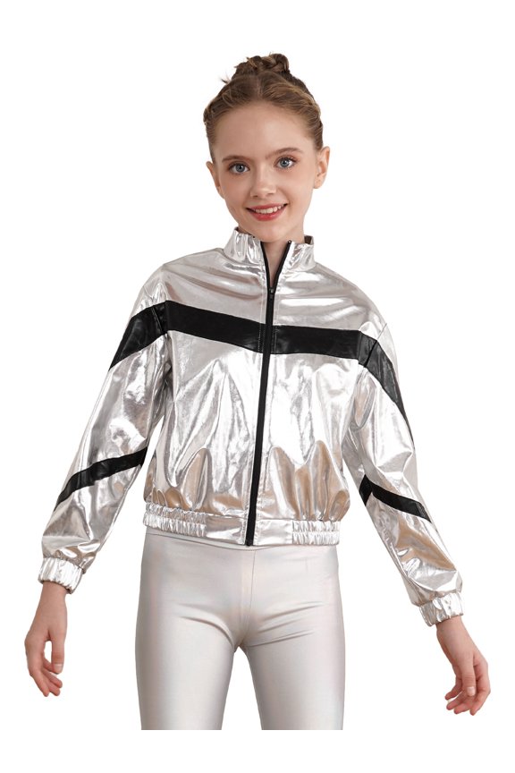 Girls Sequin Zipper Coat Jacket for Hip Hop Latin Jazz Dance Birthday Outerwear Modern Dance Silver 14