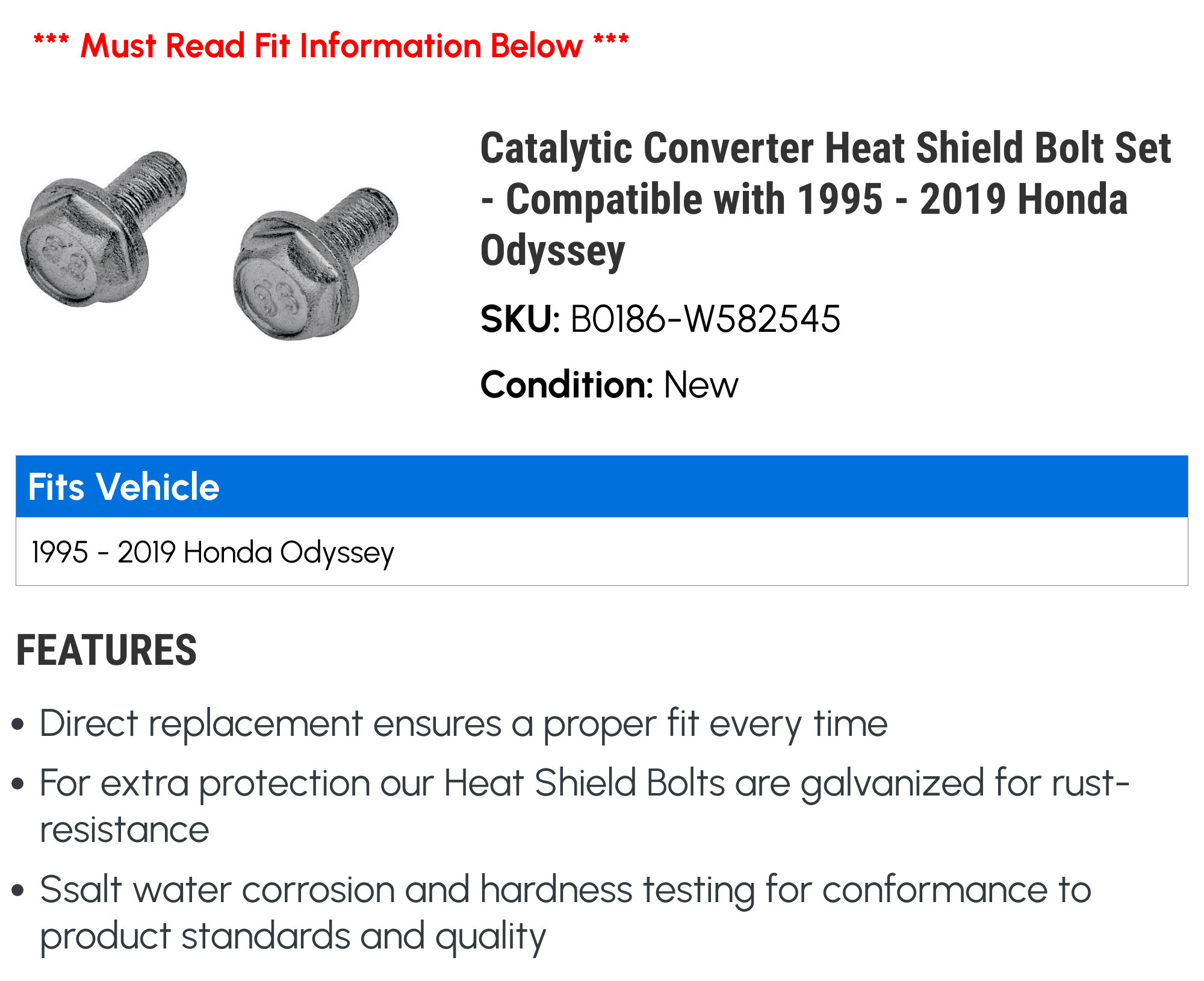Catalytic Converter Heat Shield Bolt Set - Compatible with 1995 - 2019 Honda  Odyssey 1996 1997 1998 1999 2000 2001 2002 2003 2004 2005 2006 2007 2008  2009 2010 2011 2012 2013 2014 2015 2016 2017 - Walmart.com