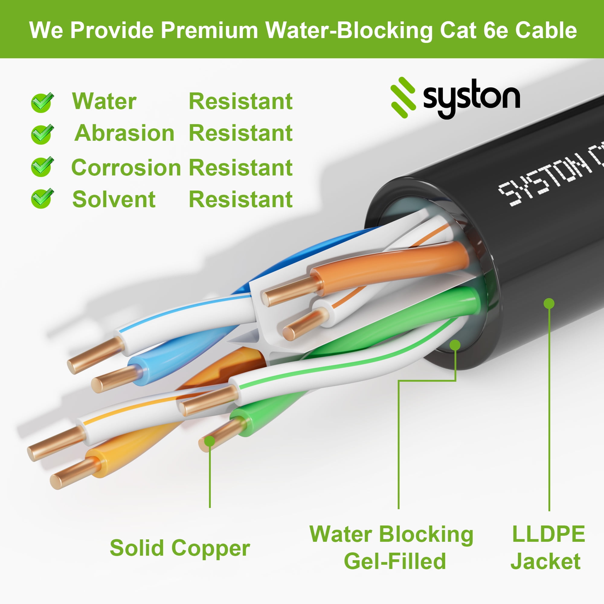 Syston Direct Burial Cat 6E Ethernet Network Cable 600 MHz, Bulk UTP 23 AWG Outside Plant (OSP) - Rated, Pure Bare Copper Wire, Waterproof Water Blocking Gel-filled for Outdoor Wet Location Using