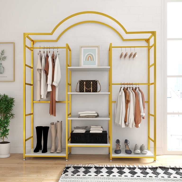green emerald velvet dress Gold Metal Clothing Rack with Wood Shelf main image 0