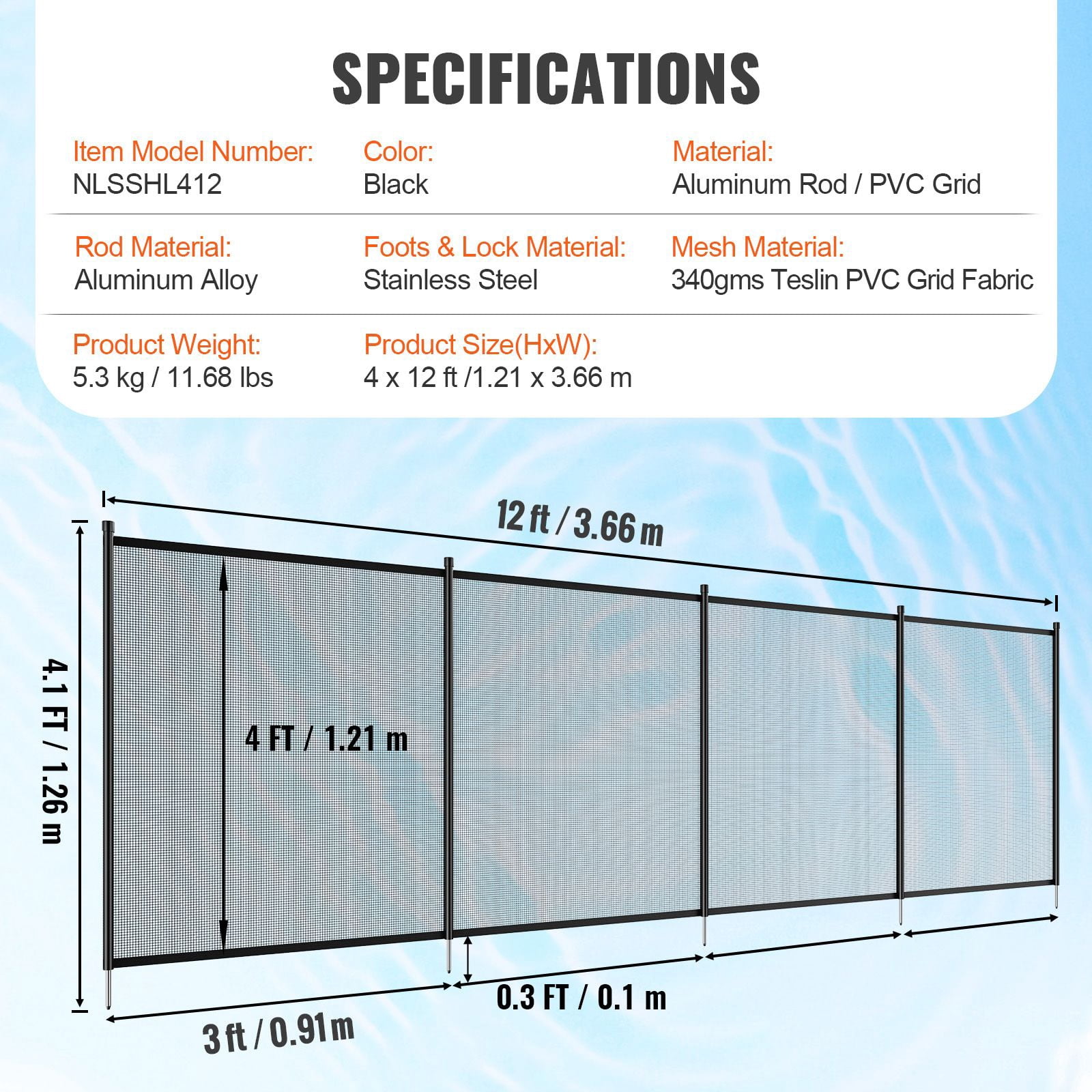 Pool Fence, 4 x 12 FT Pool Fences for Inground Pools, Removable Child Safety Pool Fencing, Easy DIY Installation Swimming Pool Fence, 340gms Teslin PVC Pool Fence Mesh Protects Kids and Pets