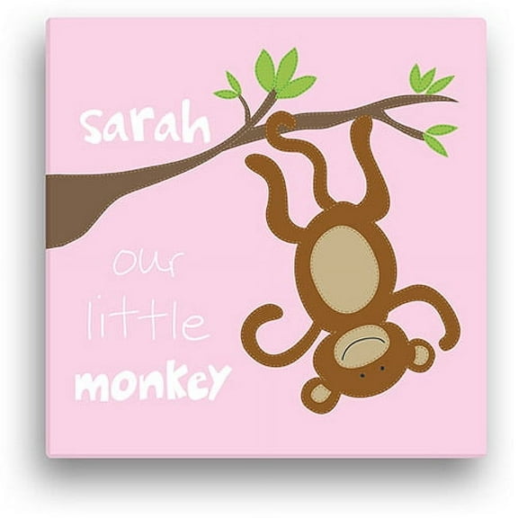Sandra Magsamen Personalized Little Monkey Canvas Wall Art, 16" x 16", Pink