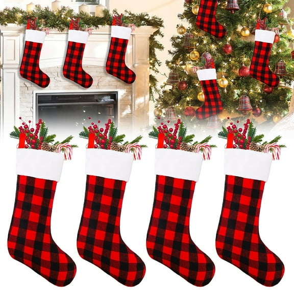 4 Pack Christmas Stockings Xmas Large Black Red Buffalo Plaid Hanging Stockings Decorations for Christmas Tree Fireplace Family Holiday Decor/ 4Pcs Christmas Stocking Pendants