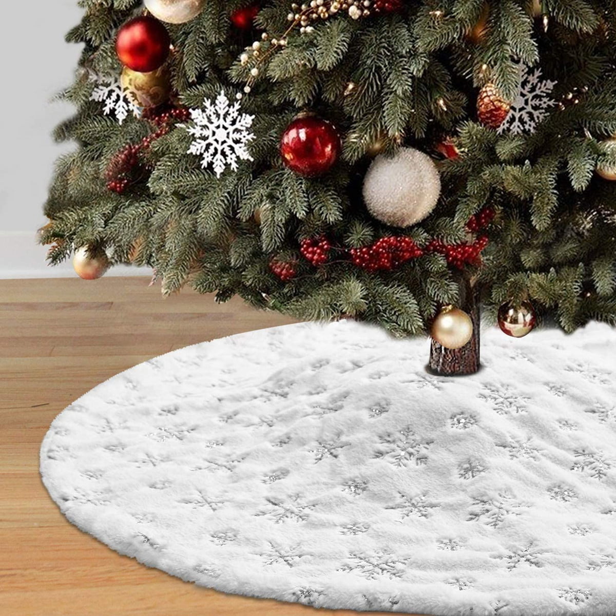 Faux Fur Christmas Tree Skirt Reusable Xmas Christmas Tree Skirt Mat with Double Layers for Christmas Holiday New Year Home Party Decorations 36 inches White Fluffy Plush with Snowflake Tree Skirt 