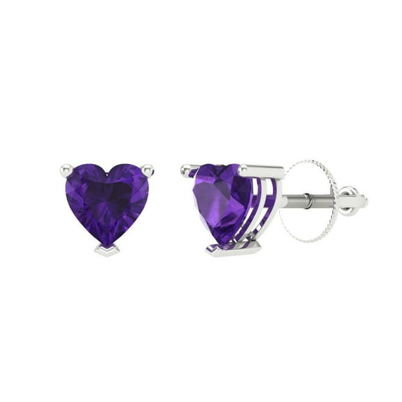 1.5 ct Screw-Back Stud Earrings for Women | 6.0mm Heart Cut Natural Amethyst | 18K White Gold