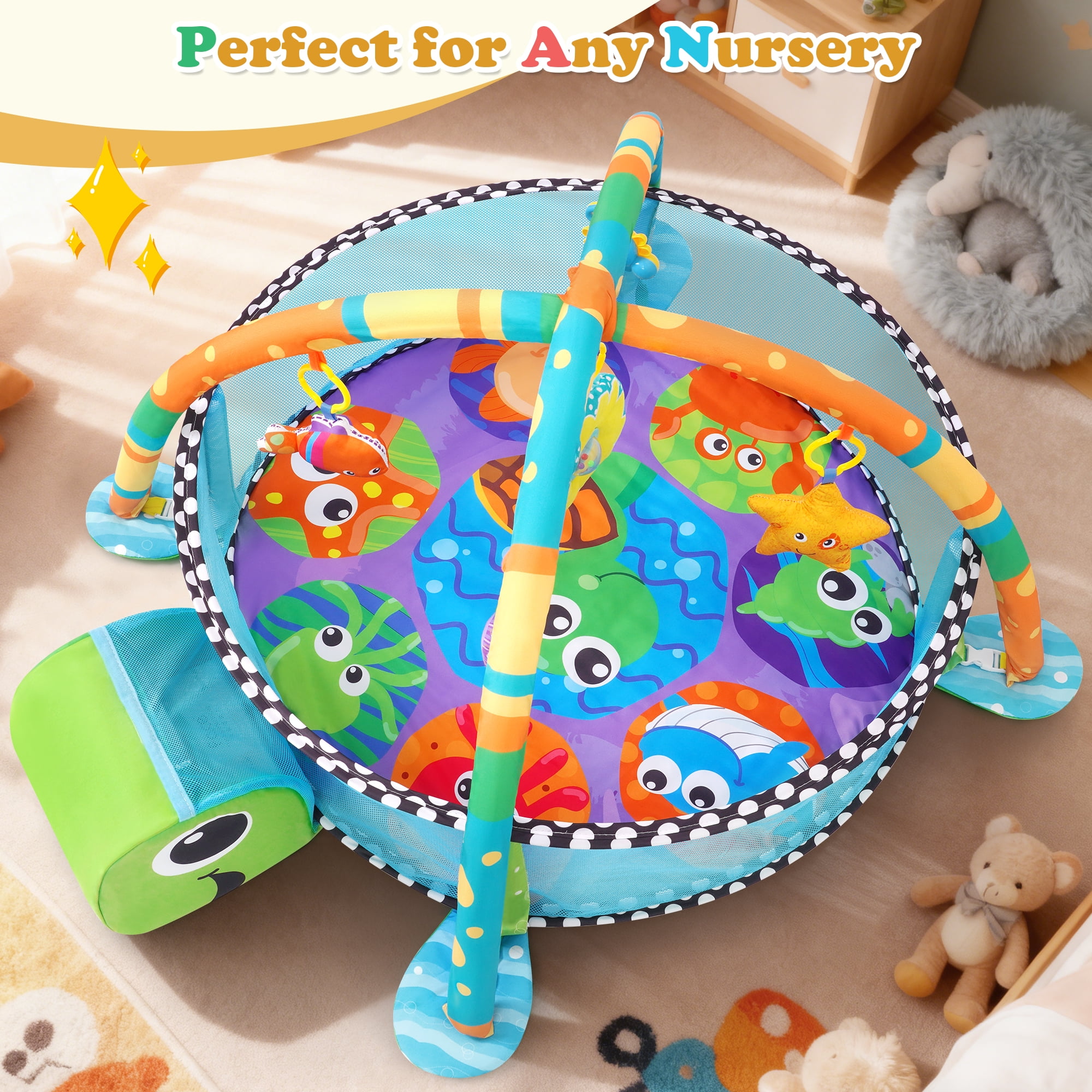 Babyeap 3-in-1 Baby Gym and Play Mat, Baby Activity with Ocean Ball Sensory Toys, 0-36 Months