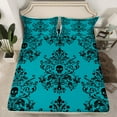 thumbnail image 2 of jejeloiu Damask Victorian Flower Queen Sheet Sets,Halloween Skleleton Flat Sheet,Cyan Black Queen Fitted Sheet For Men Women,Lightweight Room Decorative,4pcs, 2 of 7