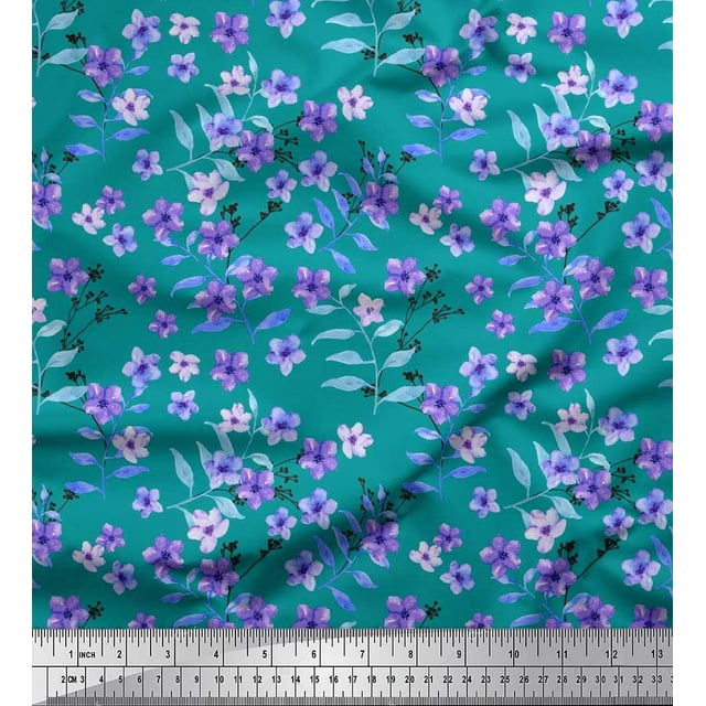Soimoi Moss Georgette Fabric Leaves & Periwinkle Floral Decor Fabric Printed Yard 42 Inch Wide