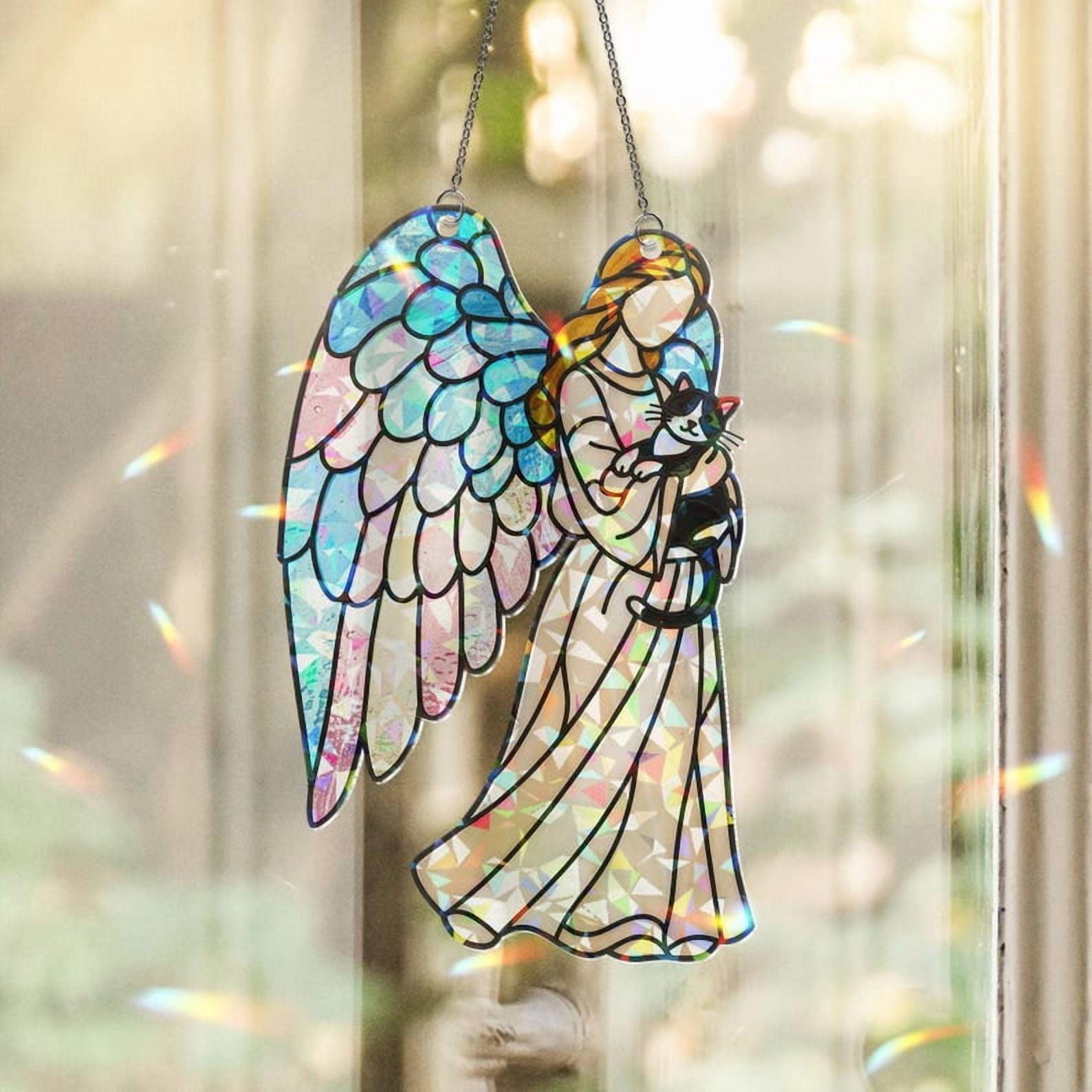 ViciArt Guardian Angel with Tuxedo Cat Acrylic Suncatcher, 4” Holographic Window Hanging, Pet Memorial Decor