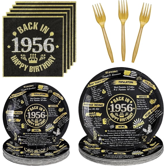 96 Pcs 70th Birthday Decorations for Women Men, Back in 1956 Black Gold Vintage Plates Napkins Forks for 24 Guests, 70th Birthday Party Tableware Supplies Set
