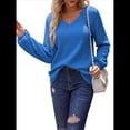 thumbnail image 1 of Blusa de Larga con Cuello en V para Mujer, Estilo Farol, Elegante, Informal, de Punto Acanalado, Corte Holgado, Otoño 2025 Azul XL, 1 of 8