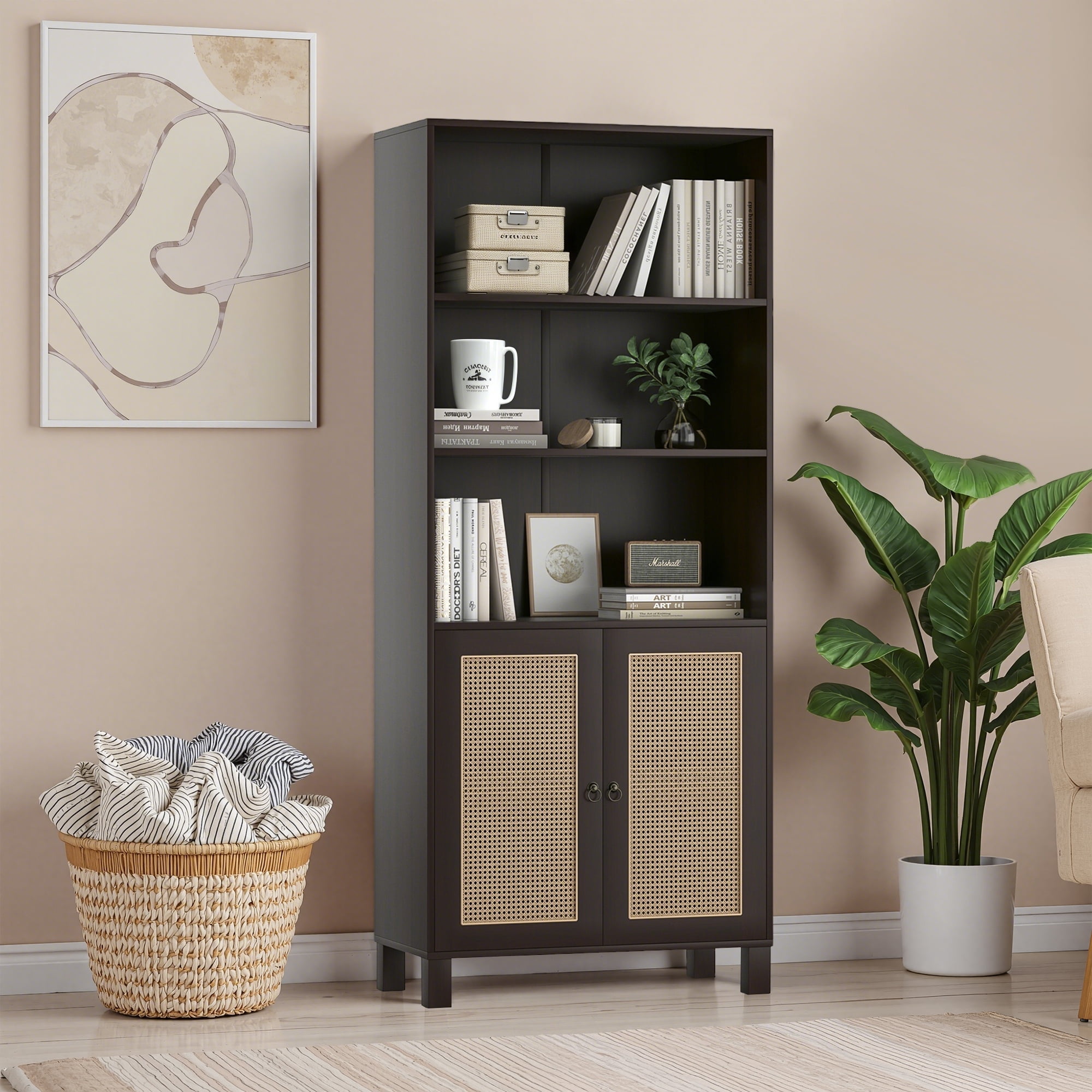 MAYEERTY 5-Shelf Bookcase with Rattan Doors, Tall Display Shelves for Home Office & Bedroom,Dark Walnut