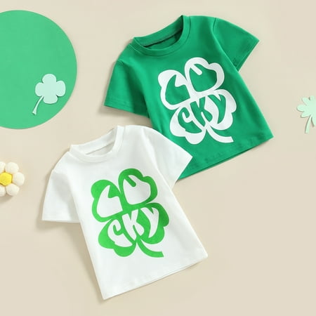 

Lamuusaa Baby Summer Festive T-shirt Casual Round Neck Four-leaf Clover Printed Short Sleeve Tops for Toddler Boy Girl