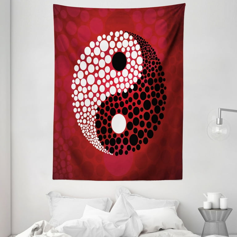 Ying Yang Tapestry Abstract Graphic Design Yin Yang Circle Black and White Dots Pattern Cosmos and Energy Wall Hanging for Bedroom Living Room Dorm Decor 60W X 80L Inches Red by Ambesonne