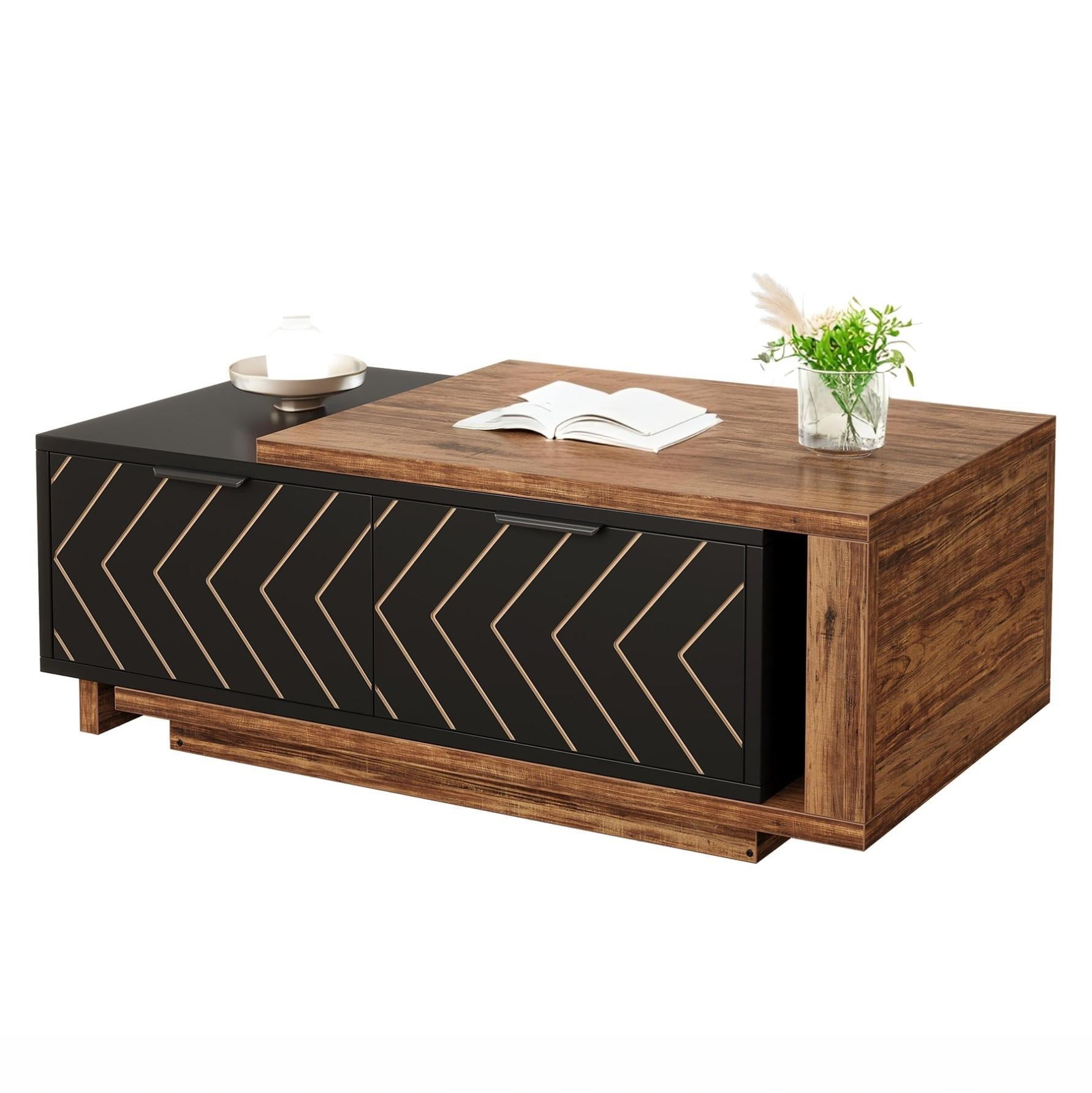 Fnova Modern Extendable Coffee Table with 2 Drawers, 42"-65" Expandable Wood Coffee Table for Living Room, Brown and Black