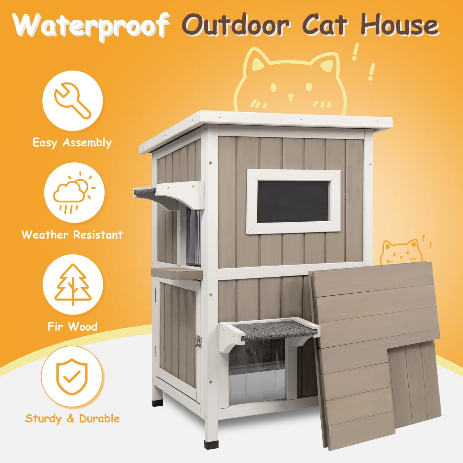 PETSCOSSET Outdoor Cat House, Two-Story Feral Cat Shelter with Asphalt Roof
