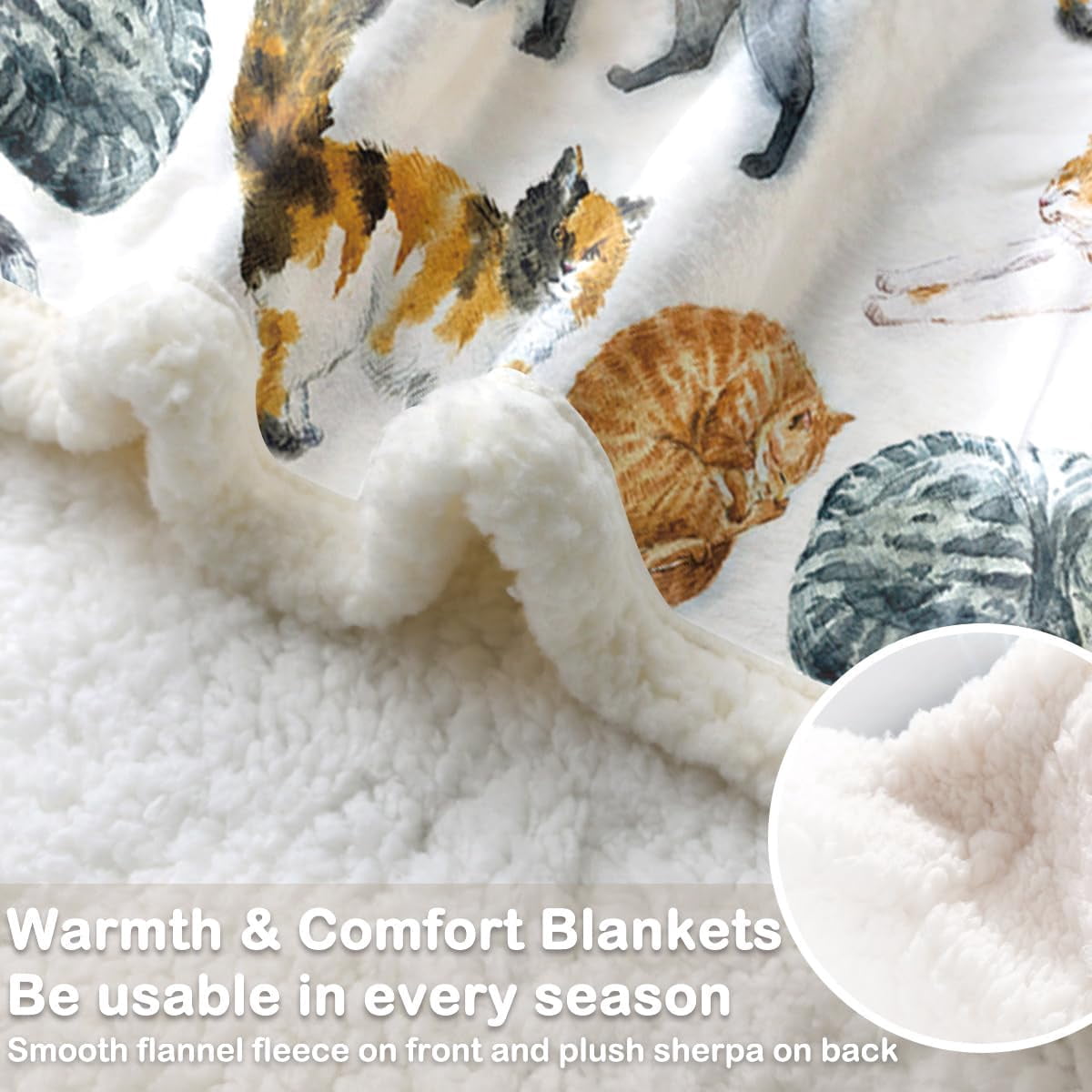 Colorful Cat Fleece Throw Blanket for Couch Chair Fuzzy Kitten Print Plush Sherpa Blanket Gifts for Cat Lovers Kids, Twin(60" X 80")