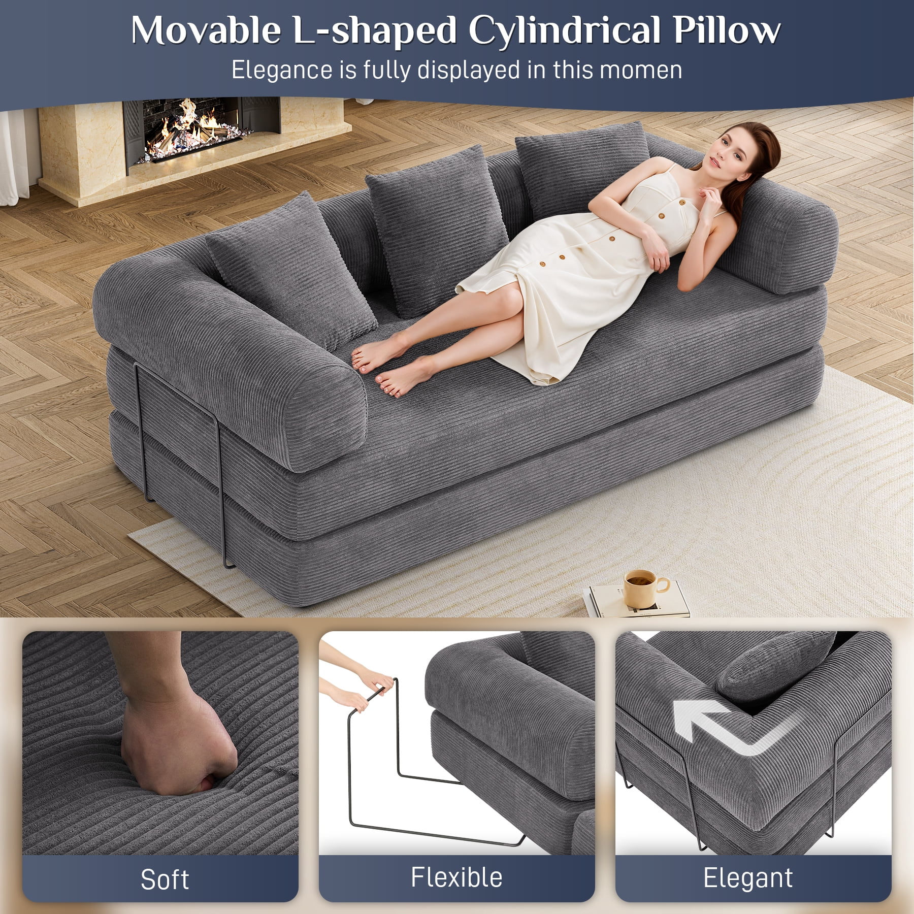 Wiilayok 78.5" Convertible Sofa Bed,Modular Corduroy Futon Sofa Couch with Pillow, 3 Seater Sofa for Living Room, Bedroom,Gray