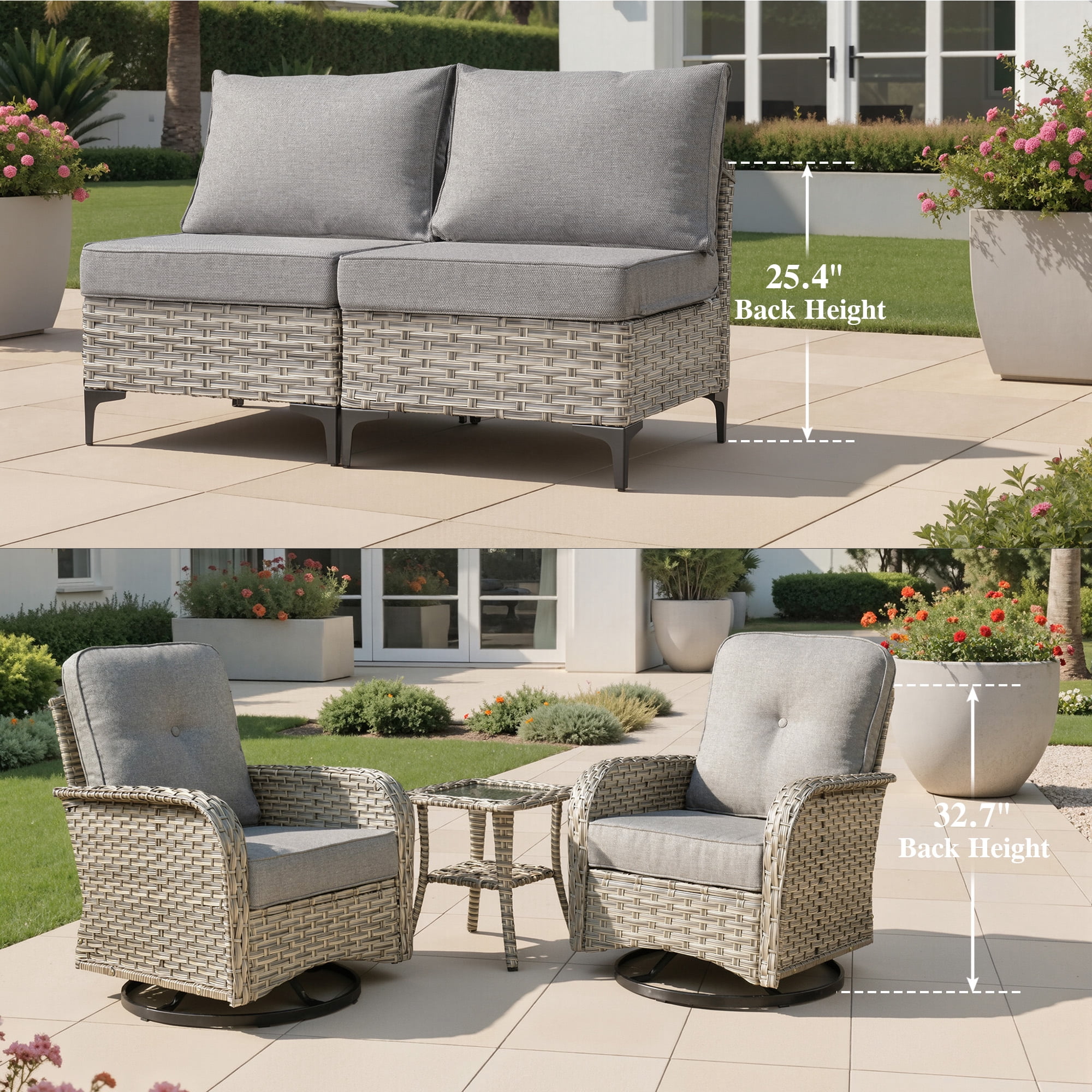 Ovios Outdoor Patio Furniture Set 9 Pieces Rattan Wicker Sectional with 42" Gas Fire Pit, Swivel Chairs, Solar Table, Dark Gray